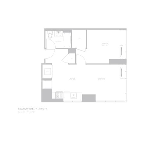 Floor plan for 1 bed, 1 bath, 646 sqft